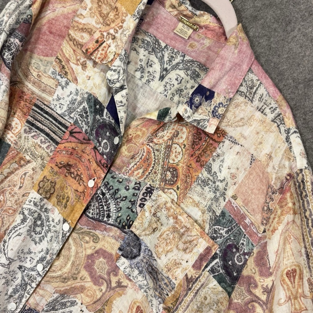 Magaschoni Linen Blouse Womens XL Multicolor Patchwork Pocket Lightweight